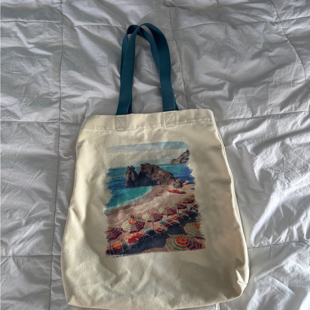 Goodfellow & Co Beach Print Tote Bag Canvas with Blue Straps 18"x16"